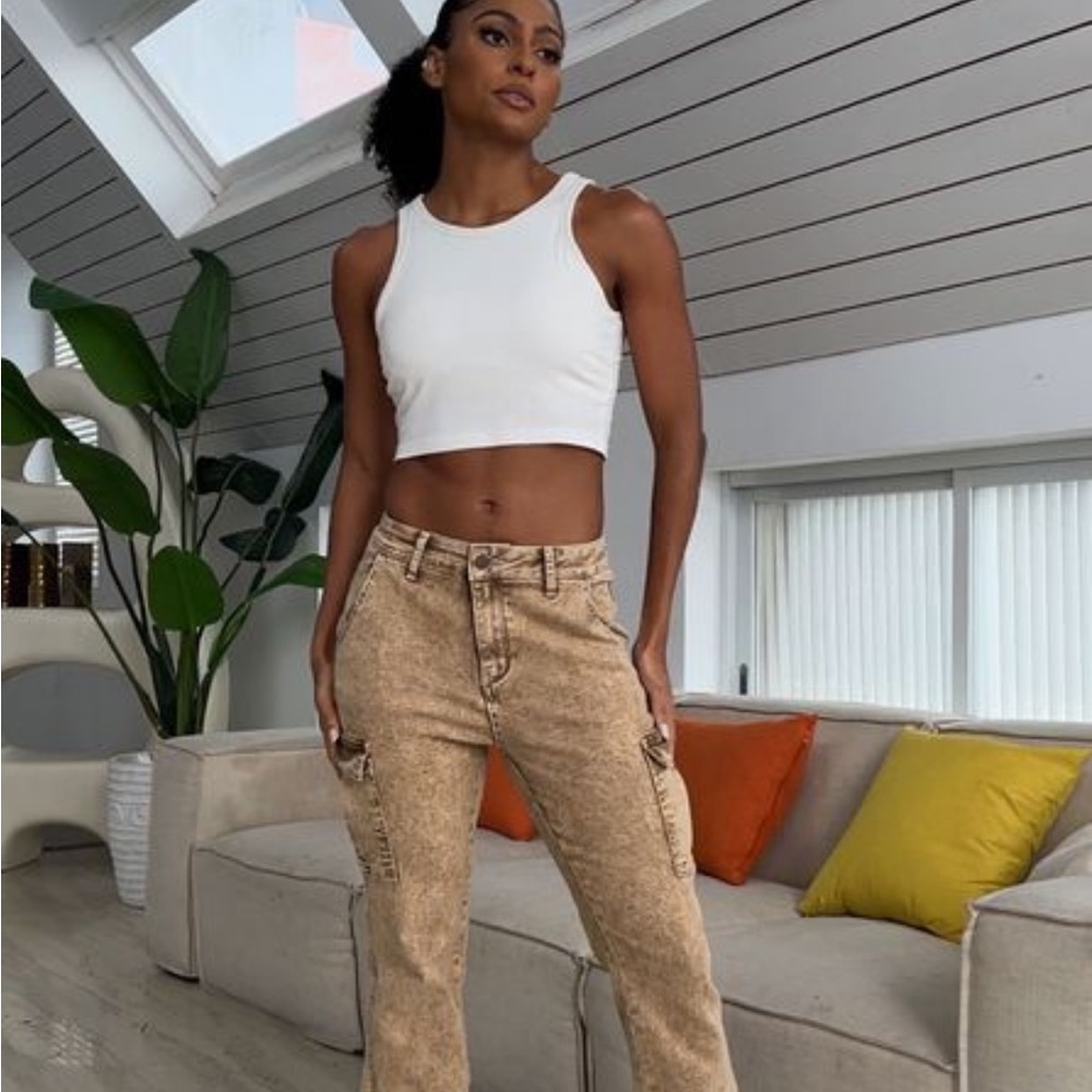 Women's Flamingals  Tan Flare leg Cargo Stretch Jeans